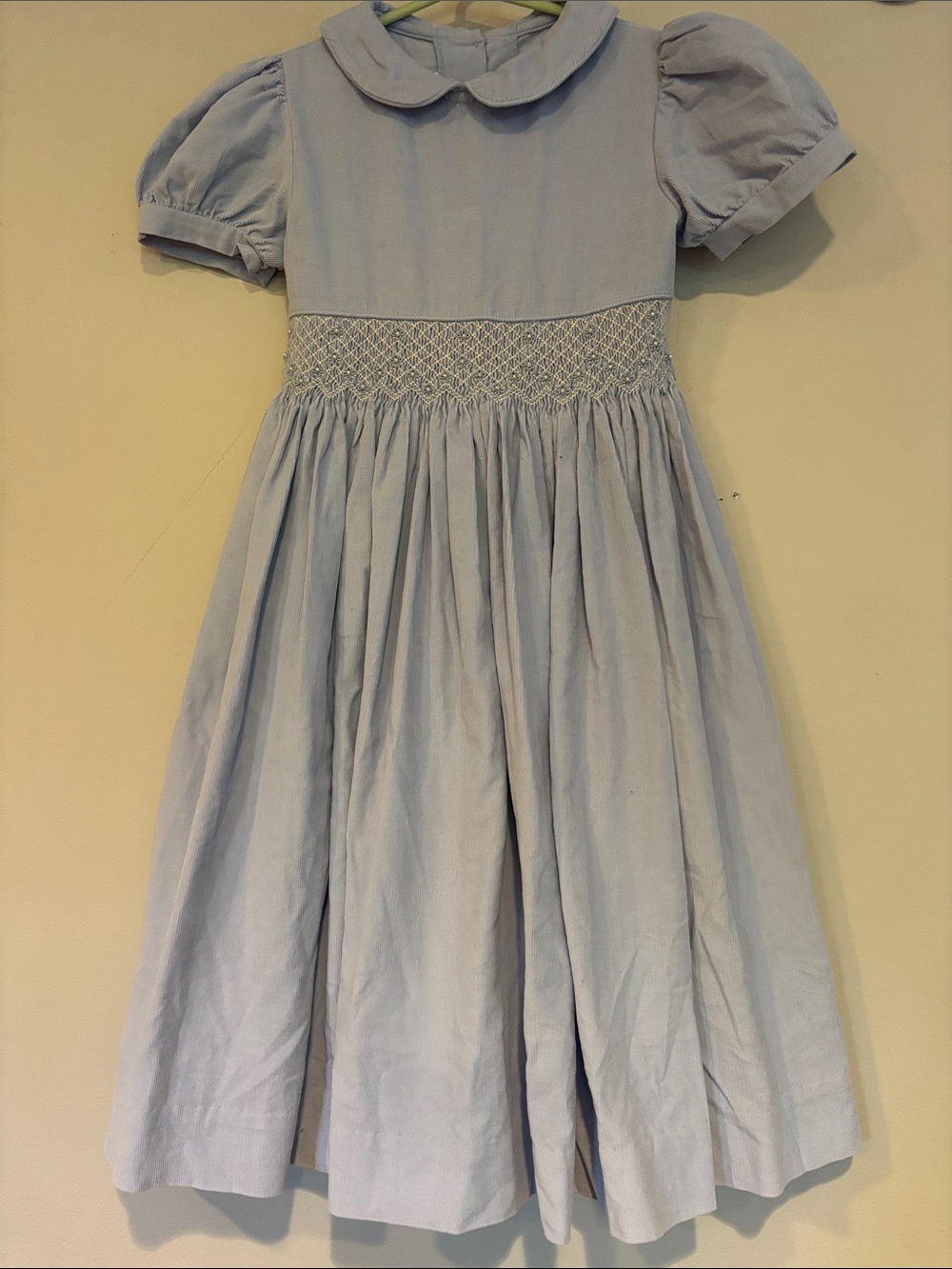 Girls' Light Blue Smocked Waist corduroy Peter Pan Collar Dress